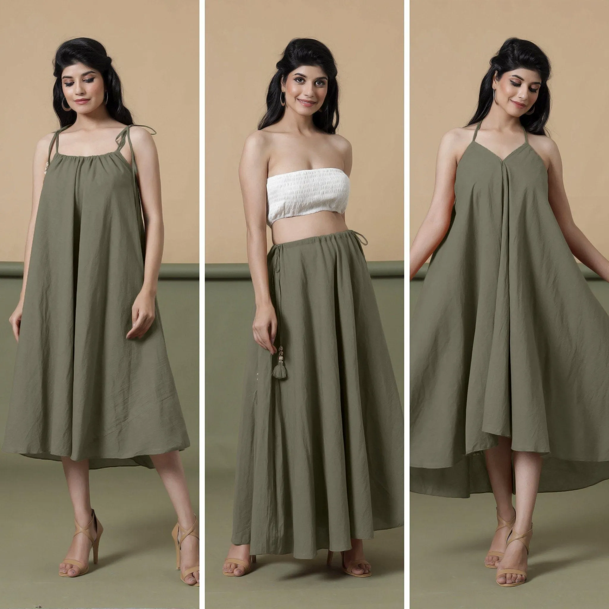 6-Way Convertible Sage Green Tie-Dye Cotton Skirt Dress