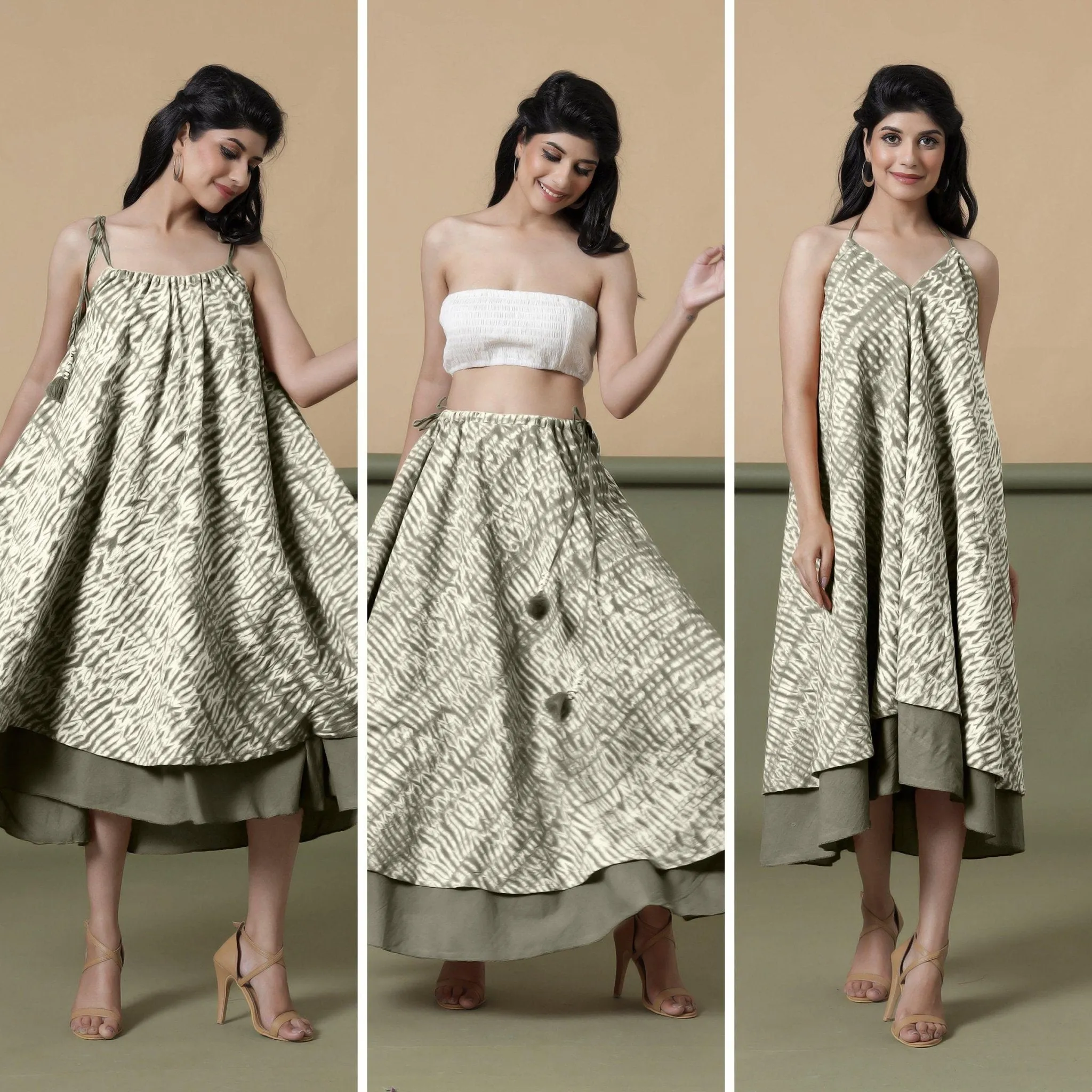 6-Way Convertible Sage Green Tie-Dye Cotton Skirt Dress