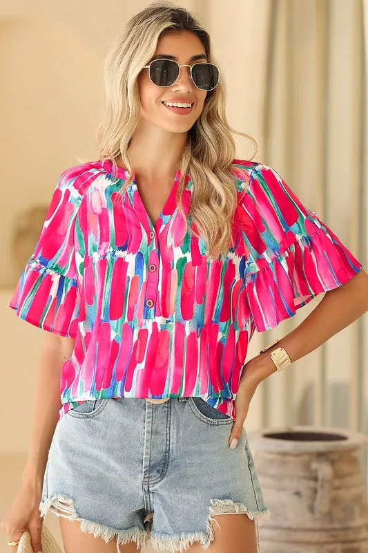 Abstract Brushwork Print Buttoned V Neck Blouse