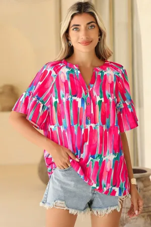 Abstract Brushwork Print Buttoned V Neck Blouse