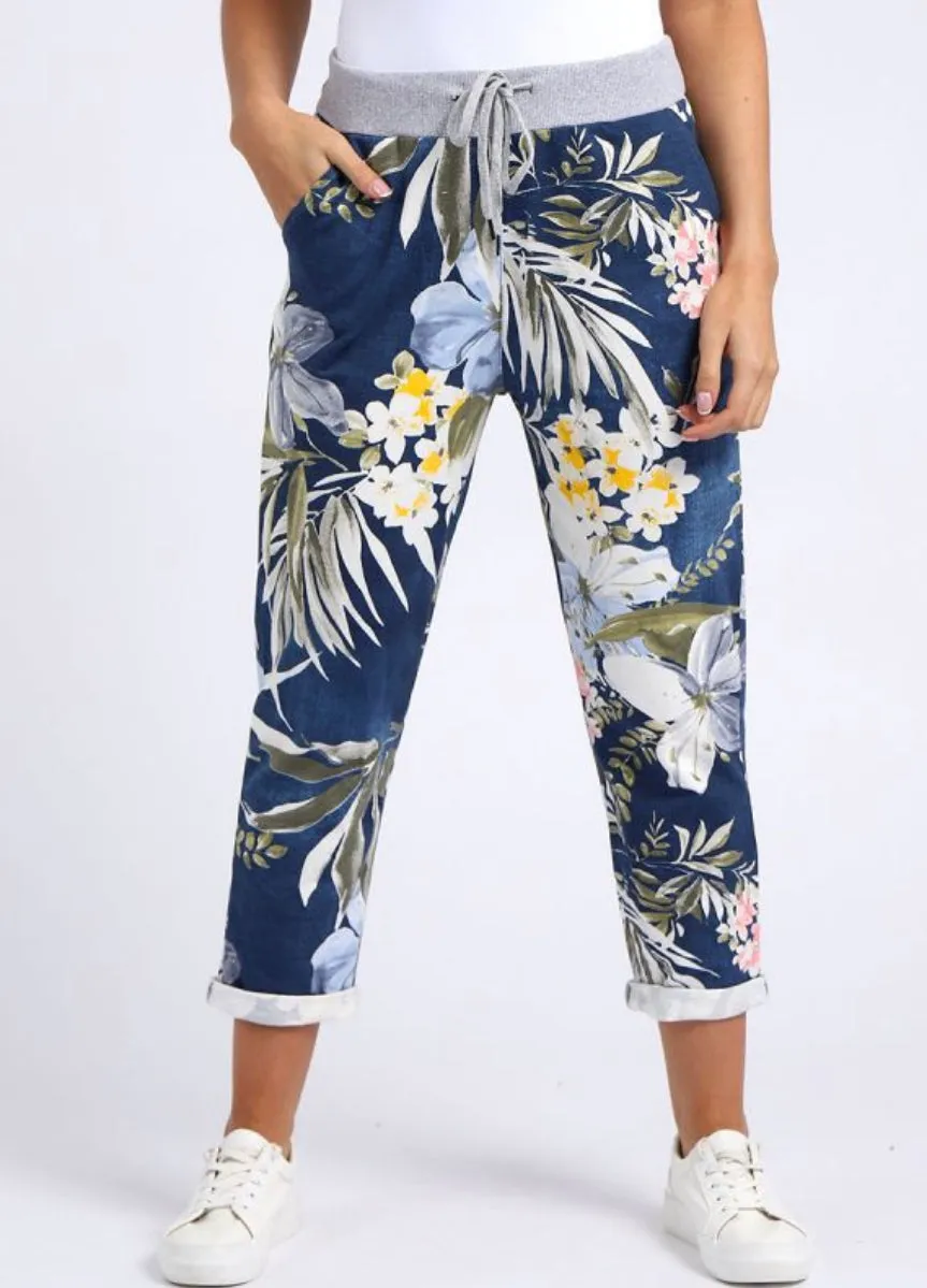 Anne   Kate Italian Tropical Floral Dark Denim Print Trousers 10-12