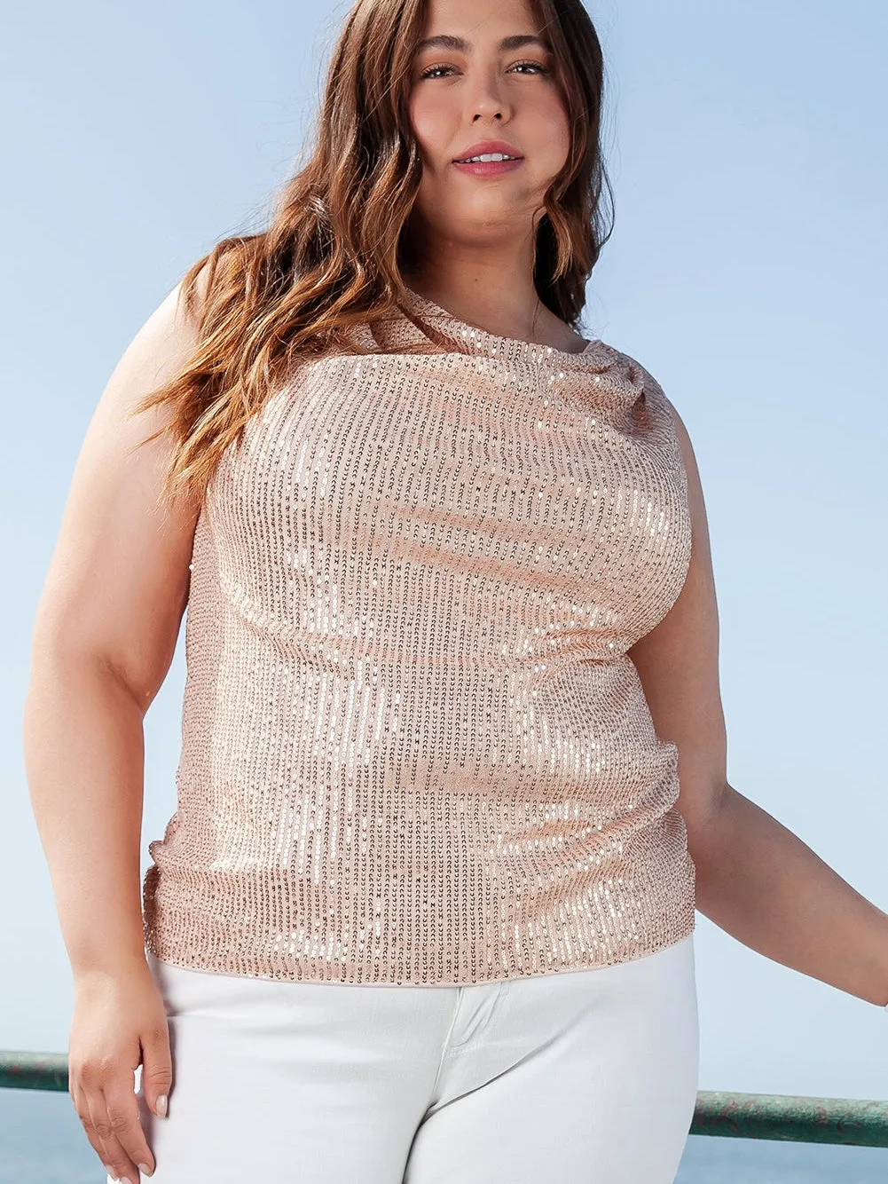 Apricot Plus Size Drape Front Sequined Tank Top