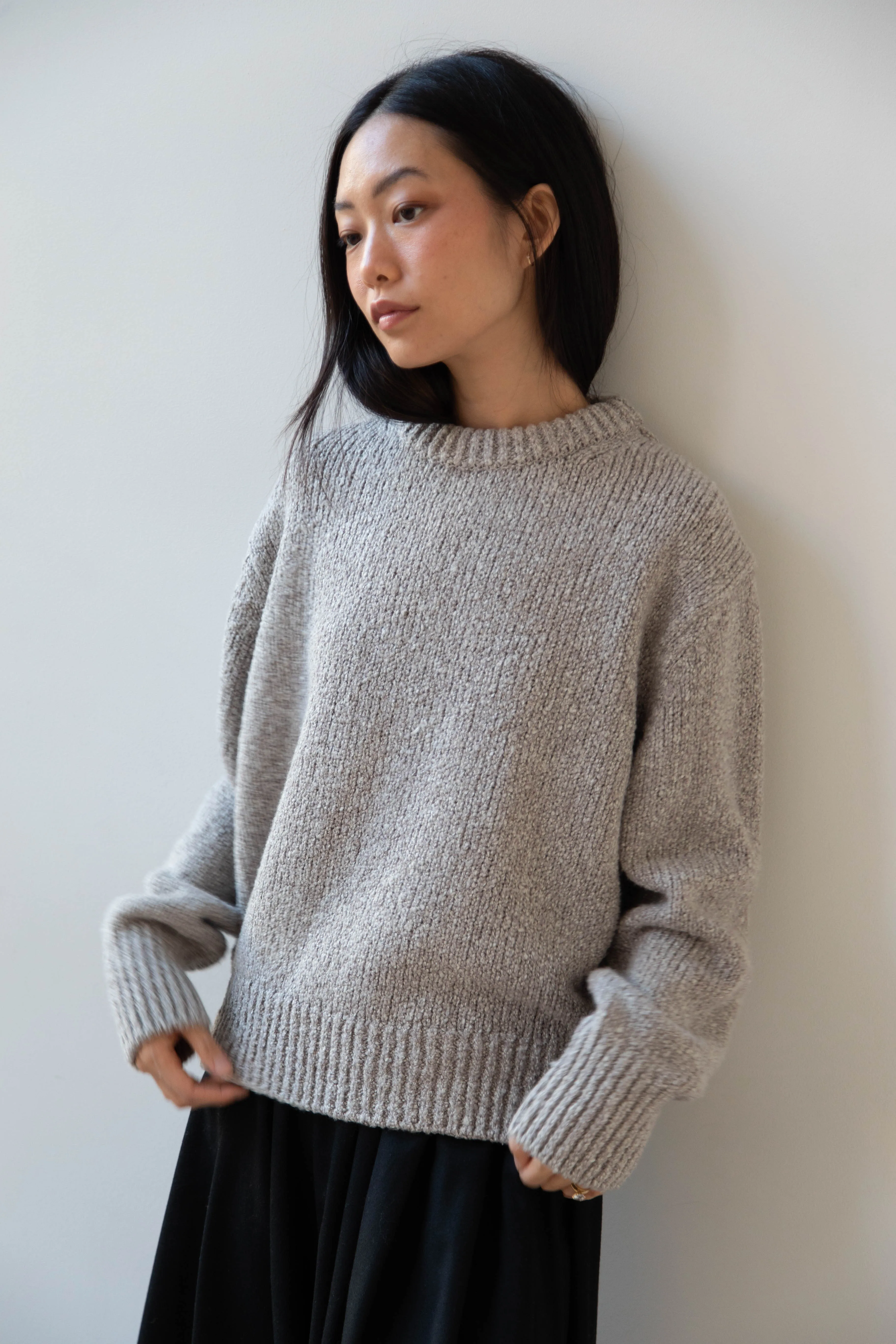 Aton | Crewneck Sweater in Greige Wool silk