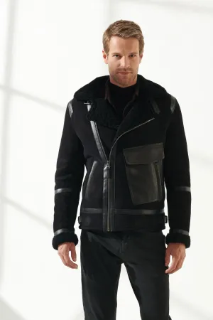 Black Aviator Shearling Jacket for Men