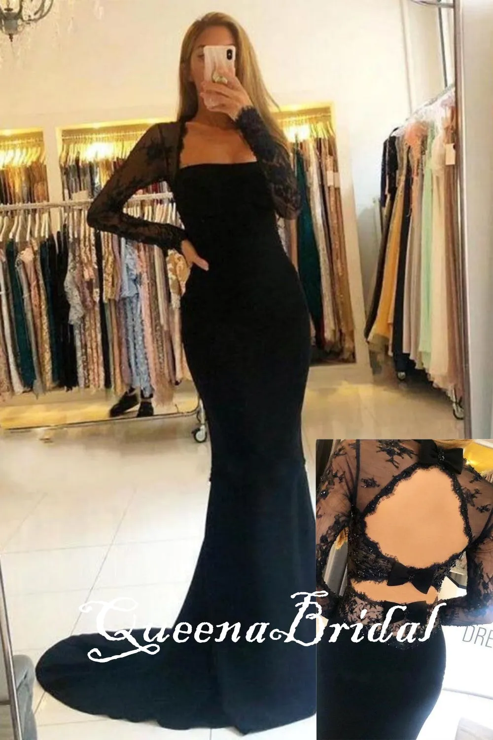 Black Long Sleeves Mermaid Appliques Straight Neck Evening Gown Maxi Long Evening Party Prom Dresses with Trailing,WGP1081