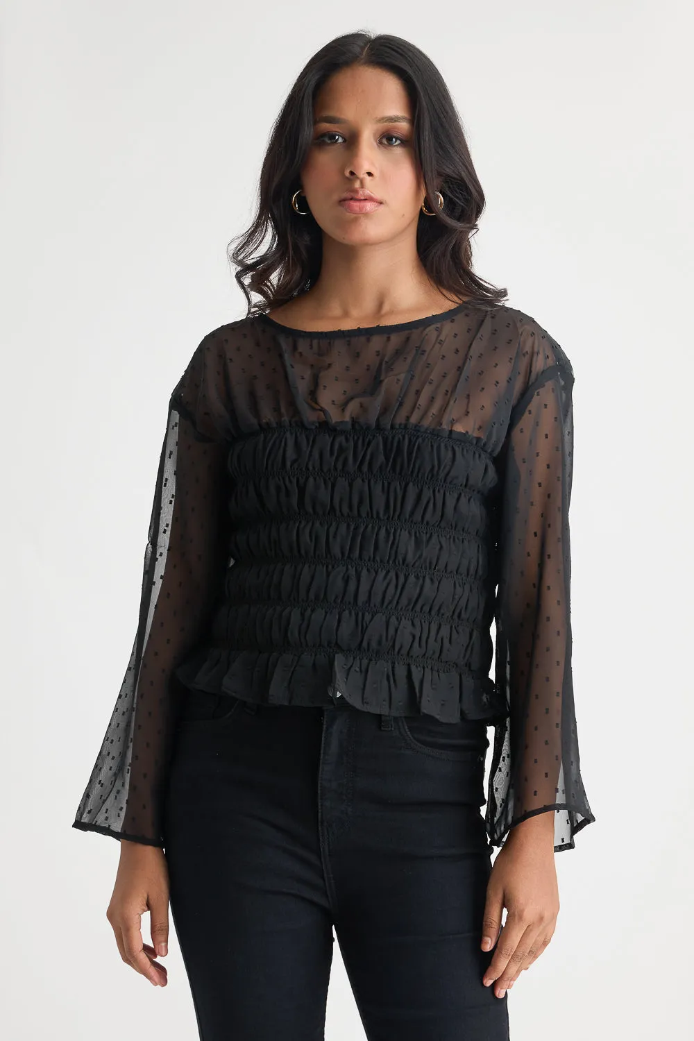 Black Mesh Ruched Top