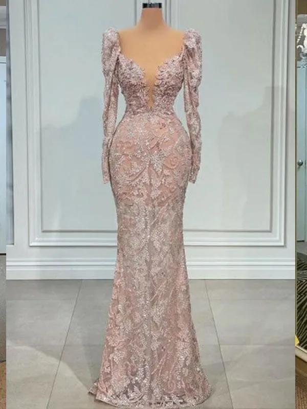 Blush Long Sleeves Plunging Mermaid Long Prom Dresses to Impress ,WGP1359