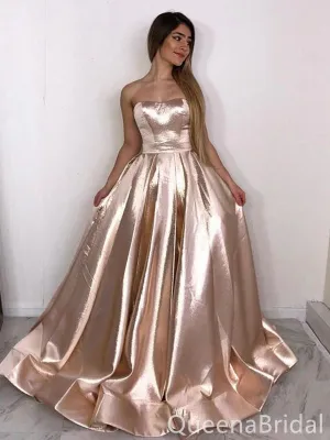 Champagne Sparkle A-line Strapless Evening Gown Maxi Long Evening Party Prom Dresses with Pleats ,WGP1064