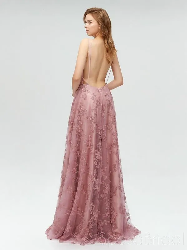 Charming A Line V Neck Backless Floor Length Blush Lace Prom Dresses, Party Dresses, Evening Dresses, PD1135