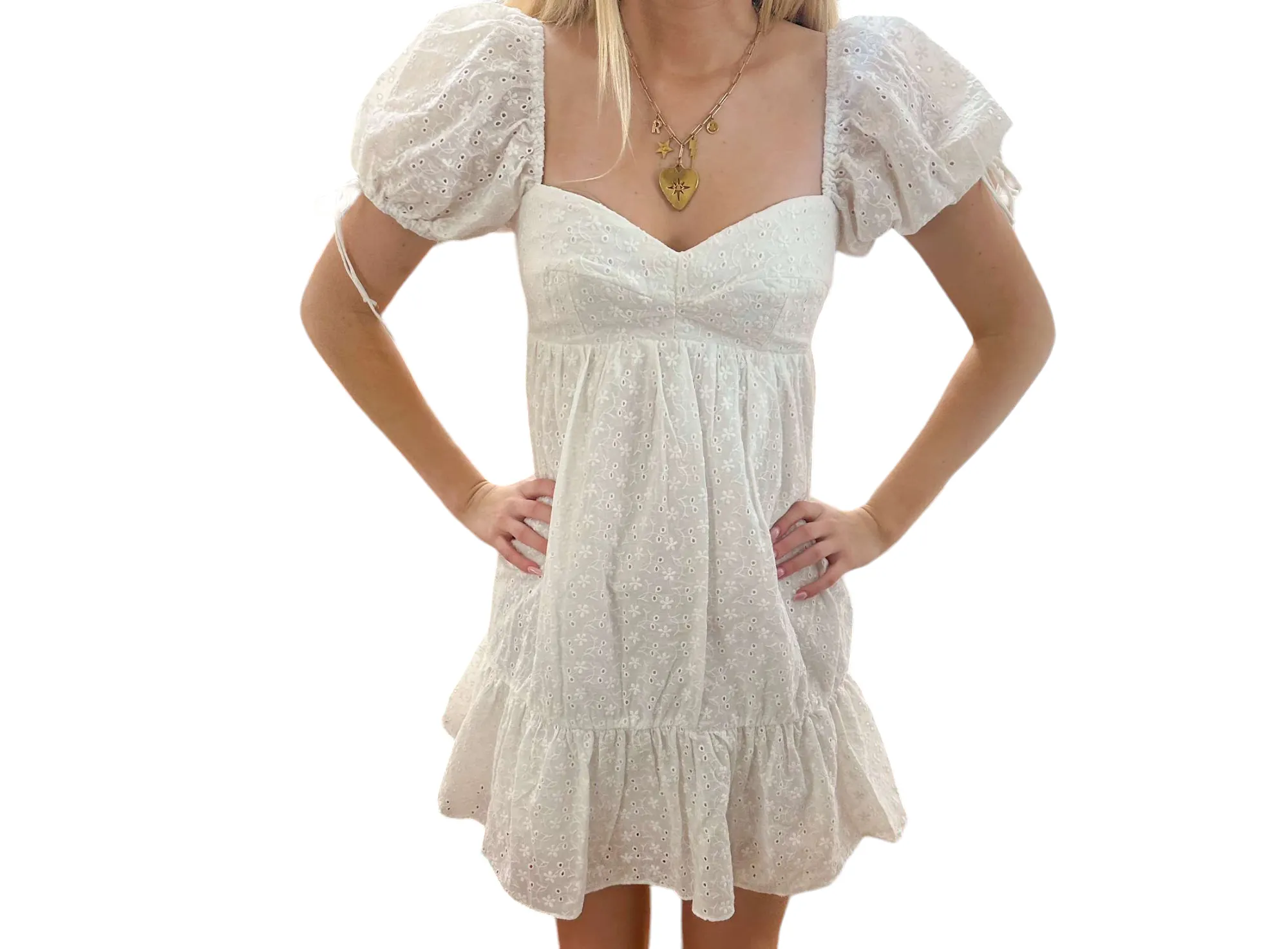 Charming Embroidered White Baby Doll Dress with Puff Sleeves