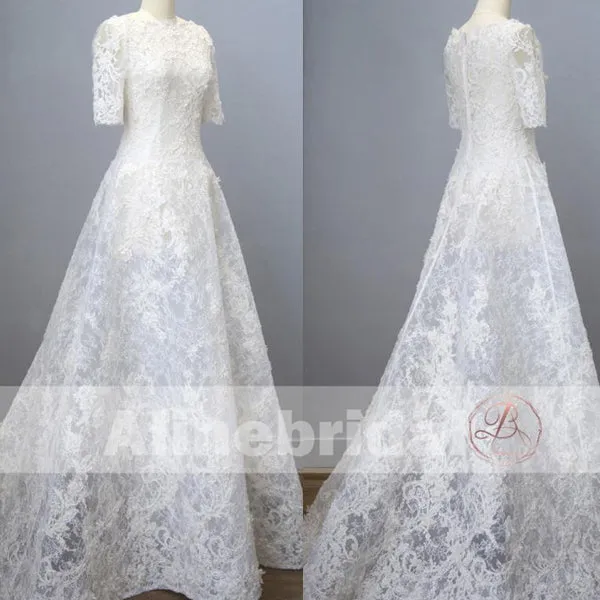 Charming Gorgeous Lace Straight Neckline  Short Sleeve A-line Wedding Dresses, AB1125