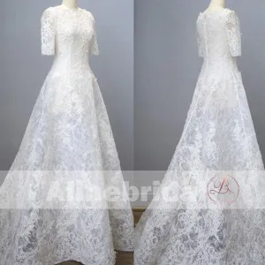 Charming Gorgeous Lace Straight Neckline  Short Sleeve A-line Wedding Dresses, AB1125