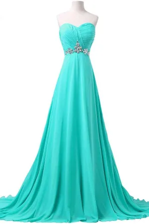 Charming Long Teal Chiffon Strapless Beading Handmade Prom Dress K154