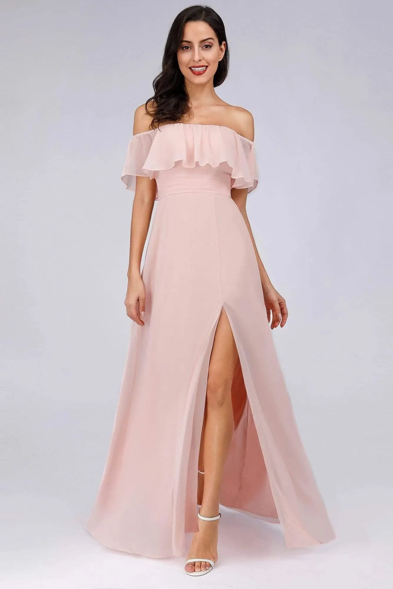 Charming Off Shoulder Ruffle Pink Chiffon Long Prom Dresses Bridesmaid Dresses SWK15114