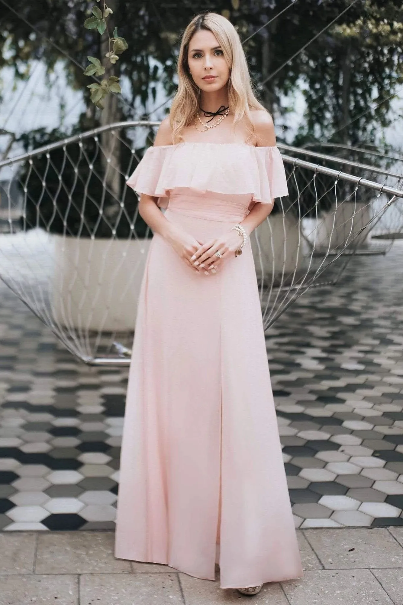 Charming Off Shoulder Ruffle Pink Chiffon Long Prom Dresses Bridesmaid Dresses SWK15114