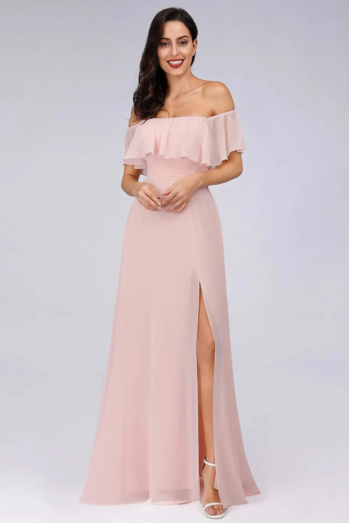 Charming Off Shoulder Ruffle Pink Chiffon Long Prom Dresses Bridesmaid Dresses SWK15114