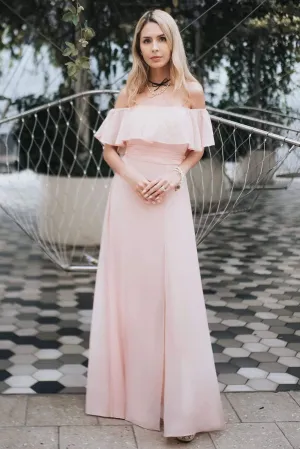 Charming Off Shoulder Ruffle Pink Chiffon Long Prom Dresses Bridesmaid Dresses SWK15114