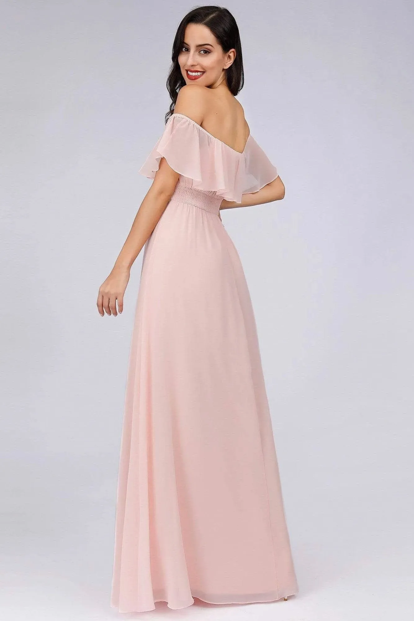 Charming Off Shoulder Ruffle Pink Chiffon Long Prom Dresses Bridesmaid Dresses SWK15114