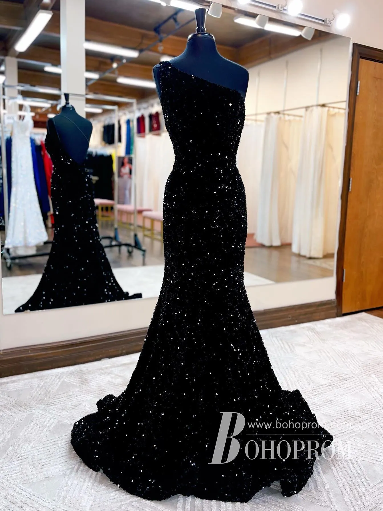 Charming Sequin Lace One shoulder Long Mermaid Prom Dresses PD283