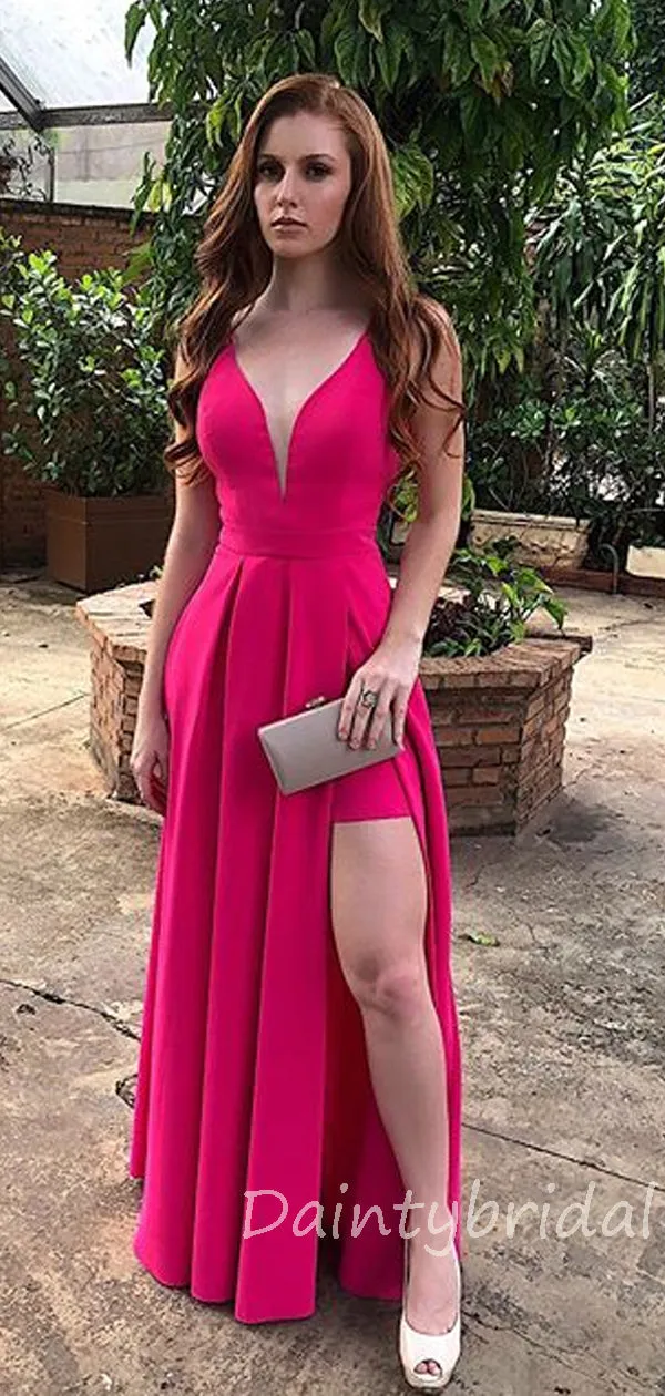 Charming V-neck Floor Length Side Slit Long Prom Dresses Evening Dresses.DB10355