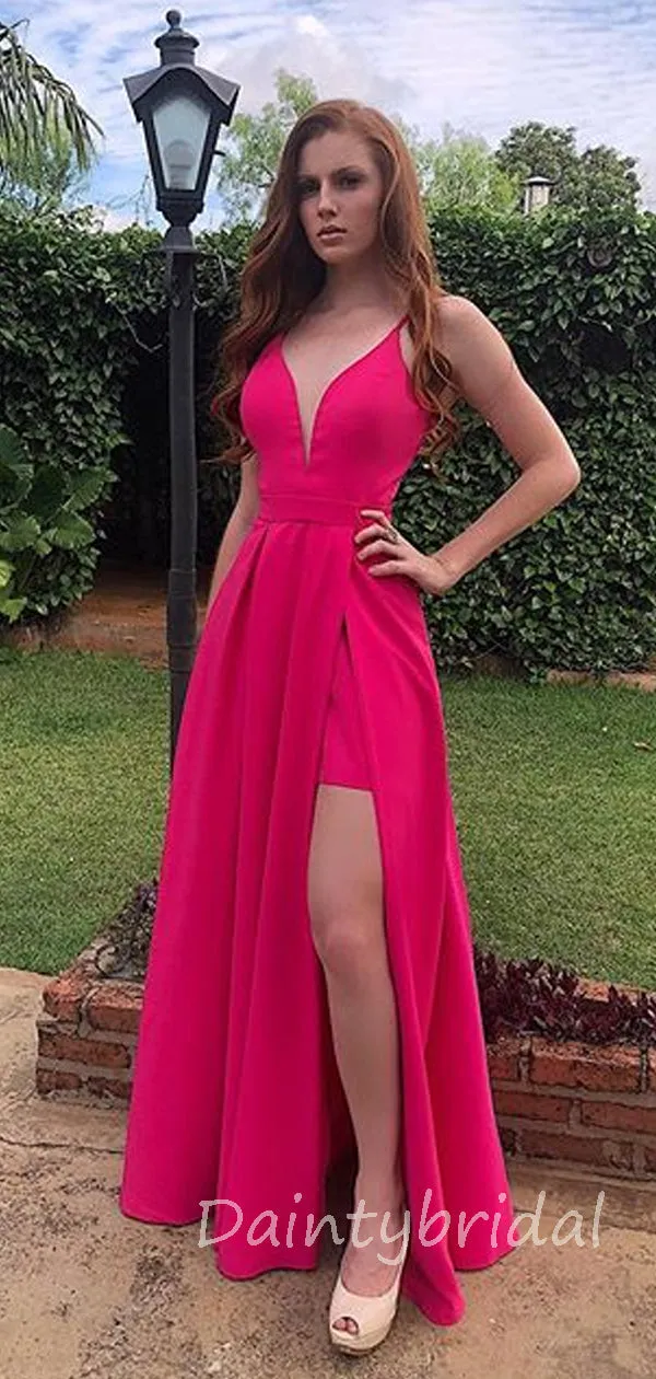 Charming V-neck Floor Length Side Slit Long Prom Dresses Evening Dresses.DB10355