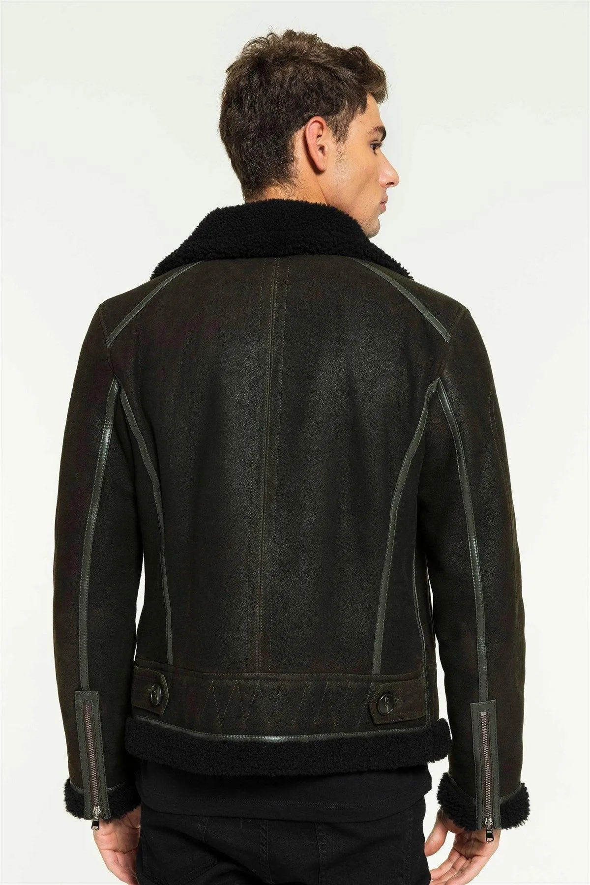 Dark Green & Black Aviator Shearling Jacket