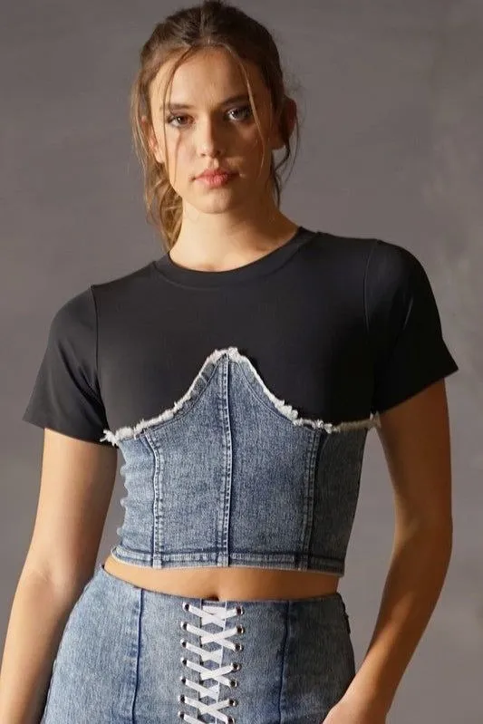 Denim Corset Attached Top - Black