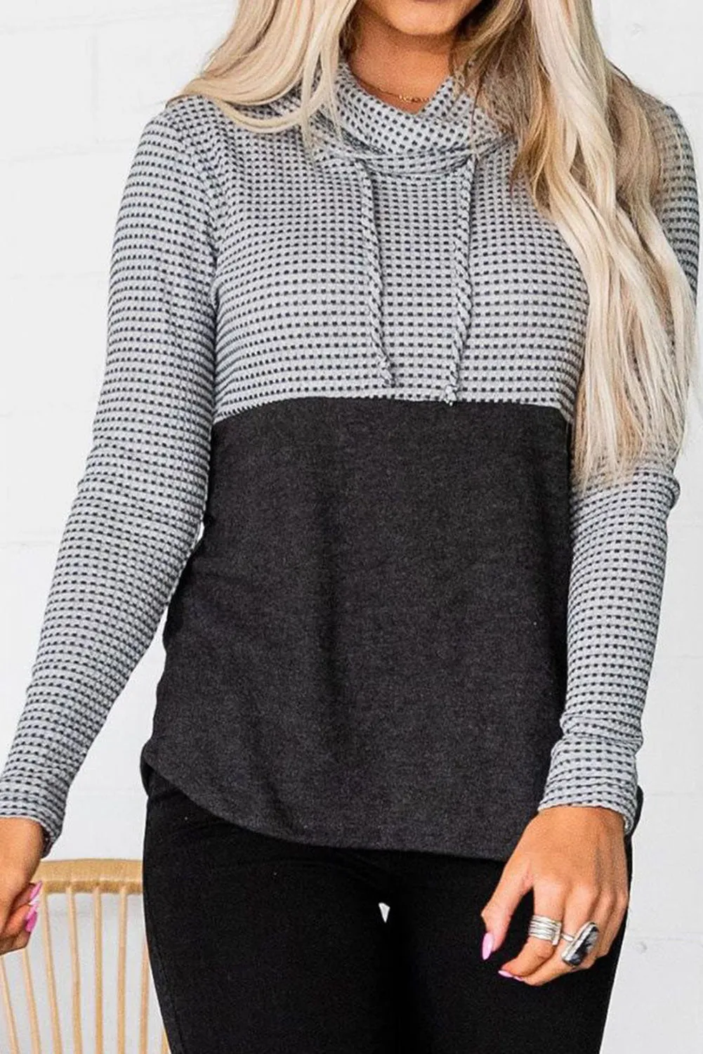 Drawstring Cowl Neck Color Block Sweatshirt