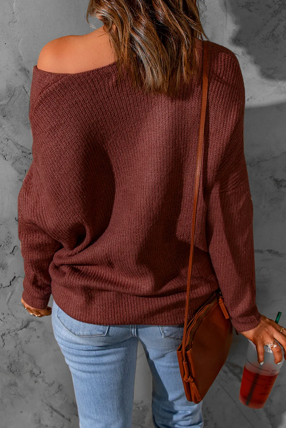 Drop Shoulder V Neck Knitted Sweater