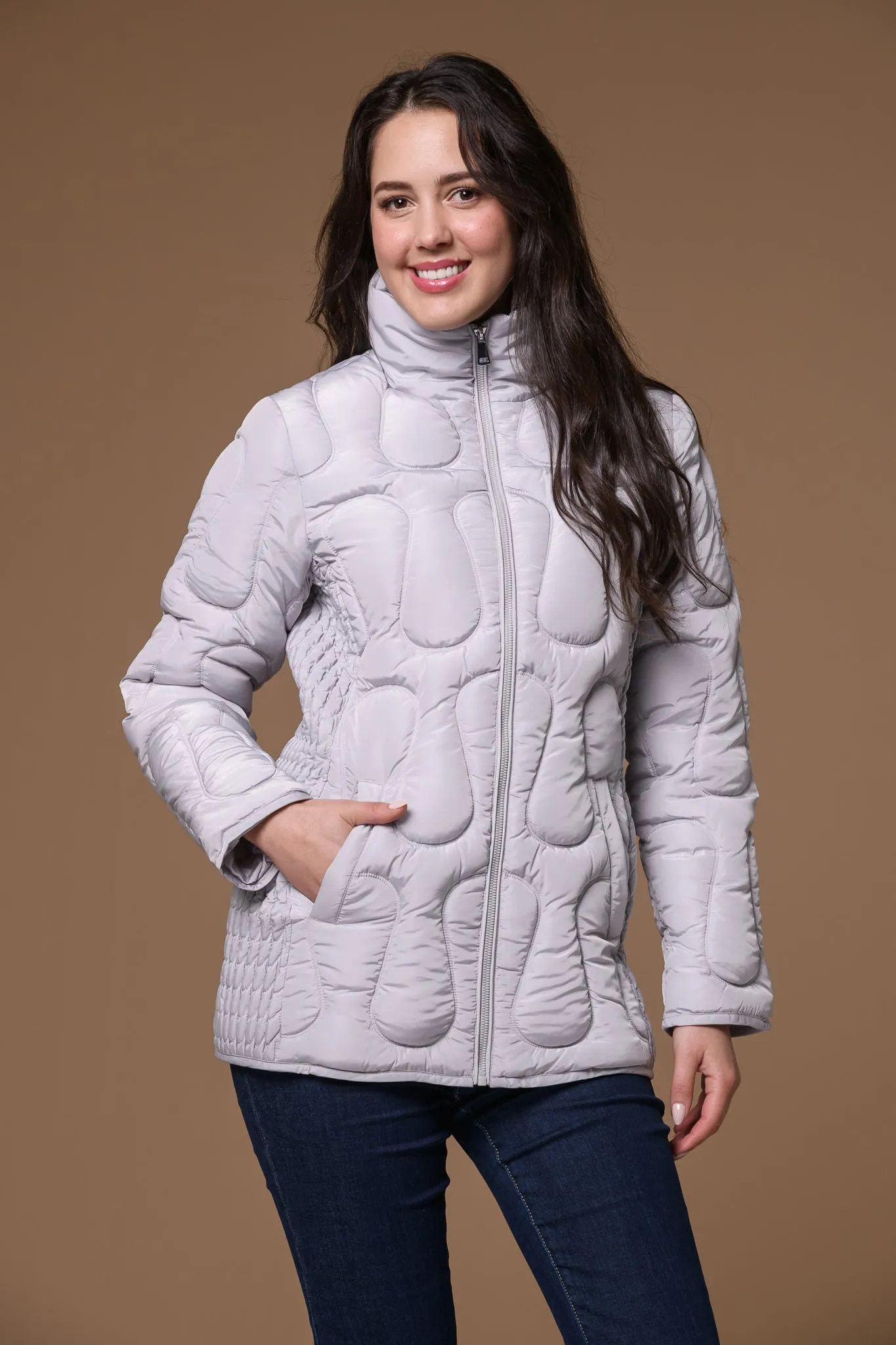 Elastic Sleeve Quilt Jacket-Grey