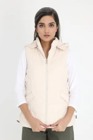 HOODED BREEZE SLEEVELESS PUFFER JACKET-BEIGE