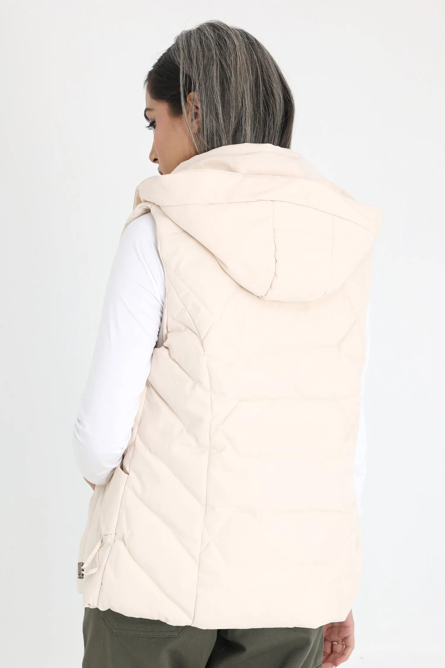 HOODED BREEZE SLEEVELESS PUFFER JACKET-BEIGE