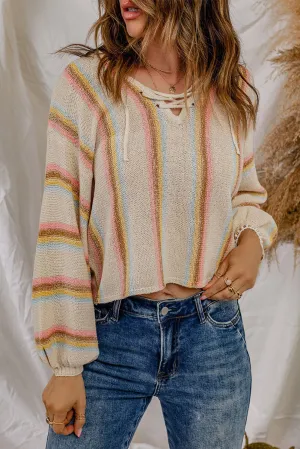 Lace up V Neck Striped Knit Sweater