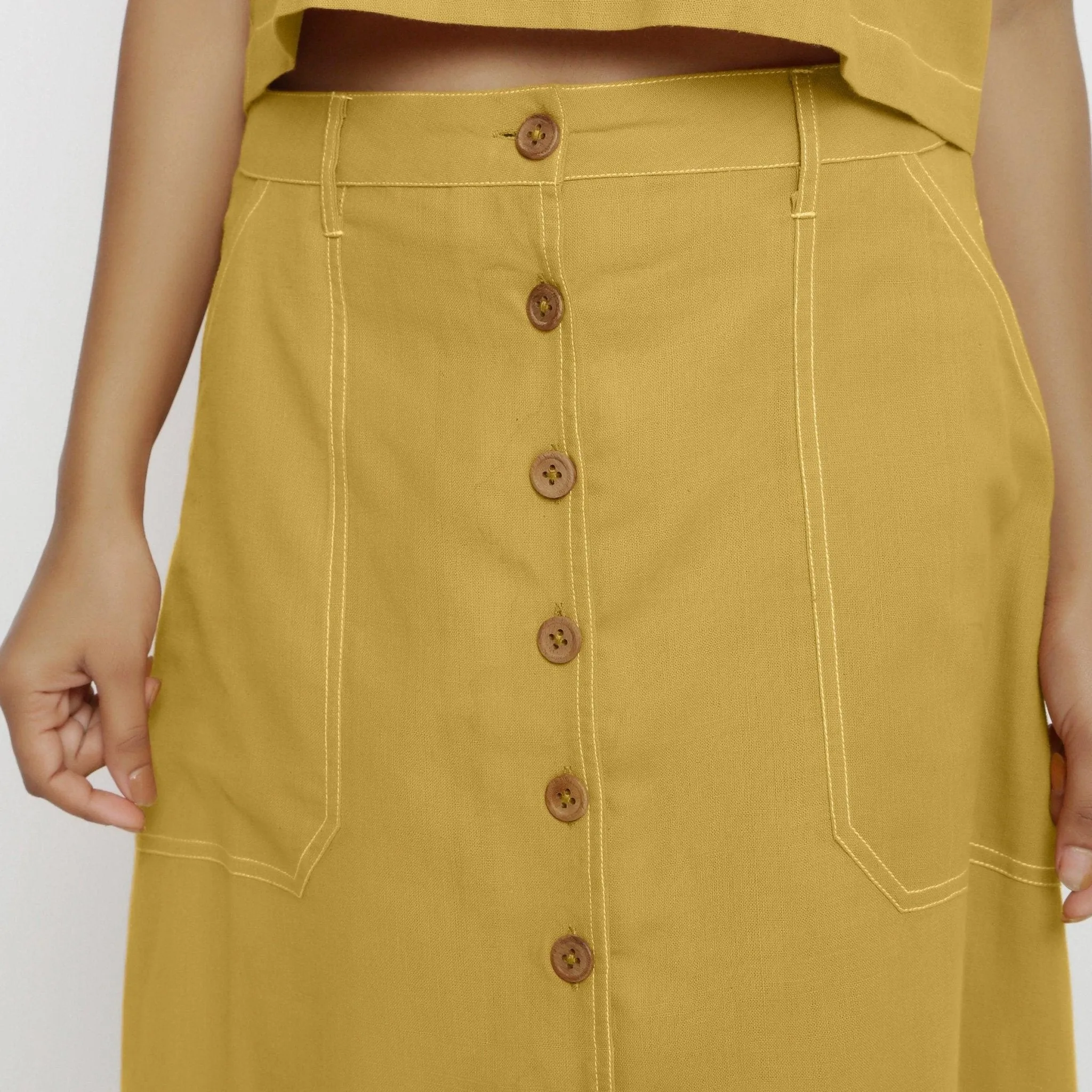 Light Yellow 100% Cotton Button-Down Midi Skirt