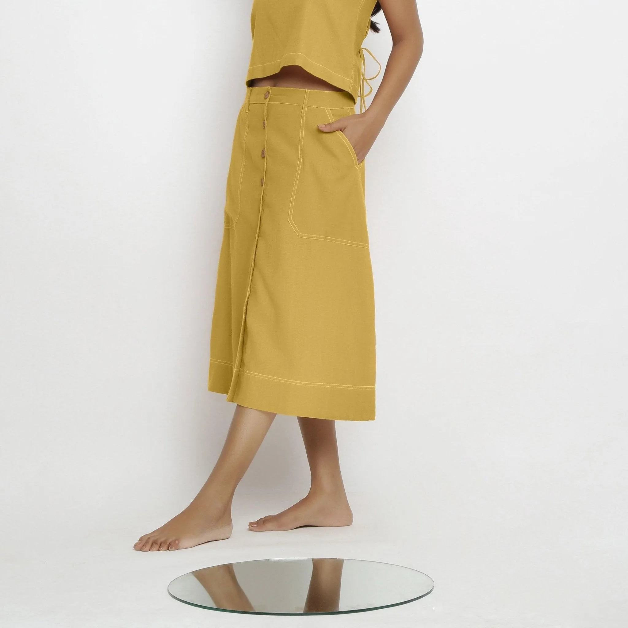 Light Yellow 100% Cotton Button-Down Midi Skirt