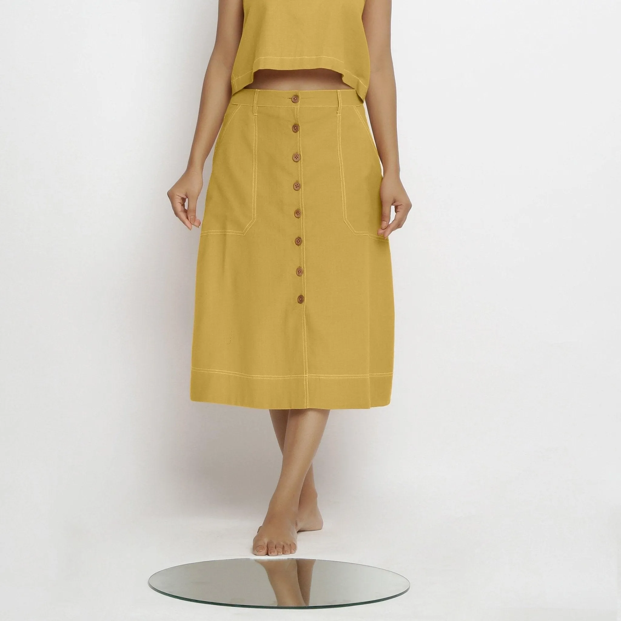 Light Yellow 100% Cotton Button-Down Midi Skirt