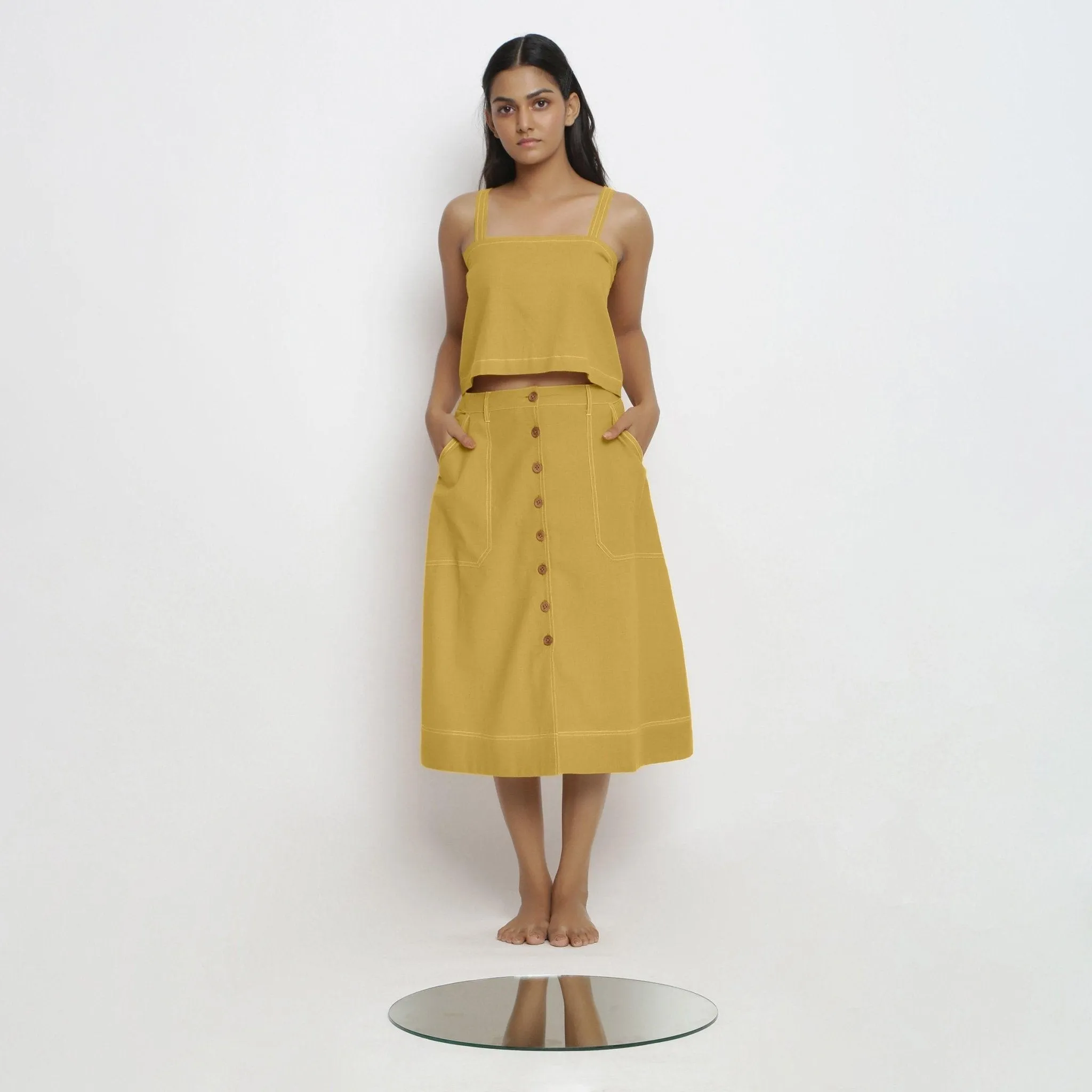 Light Yellow 100% Cotton Button-Down Midi Skirt