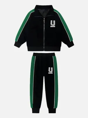 Little Surprise Box,Casual Black With Green Borer 2Pcs Track Suit Set For Kids & Tweens