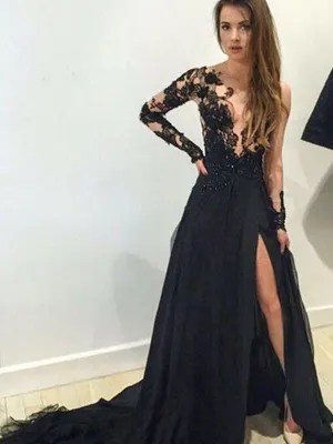 Long Sleeve Black Lace Sexy Charming Prom Dress , PD0013