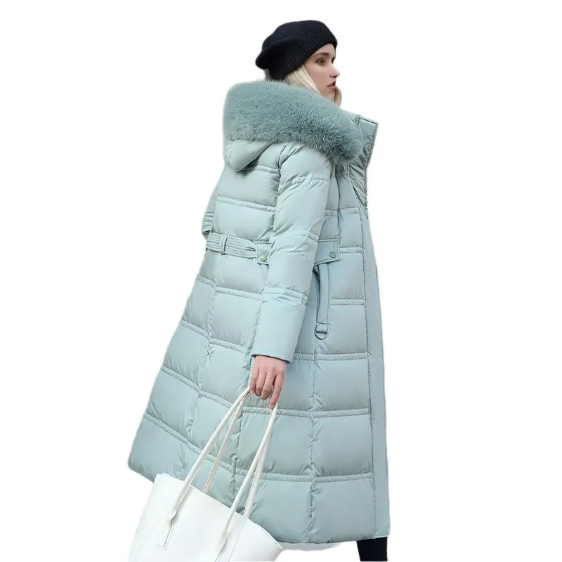 Long Slim Fit Fur Hooded Women's Warm Winter Jacket With Adjustable Belt