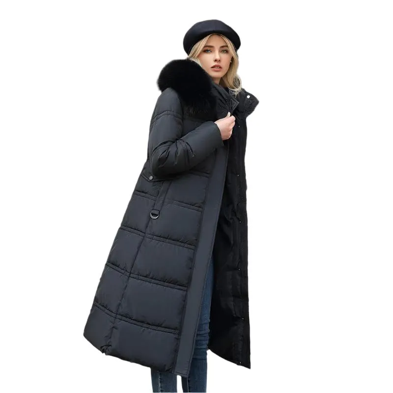 Long Slim Fit Fur Hooded Women's Warm Winter Jacket With Adjustable Belt