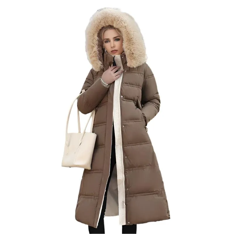 Long Slim Fit Fur Hooded Women's Warm Winter Jacket With Adjustable Belt