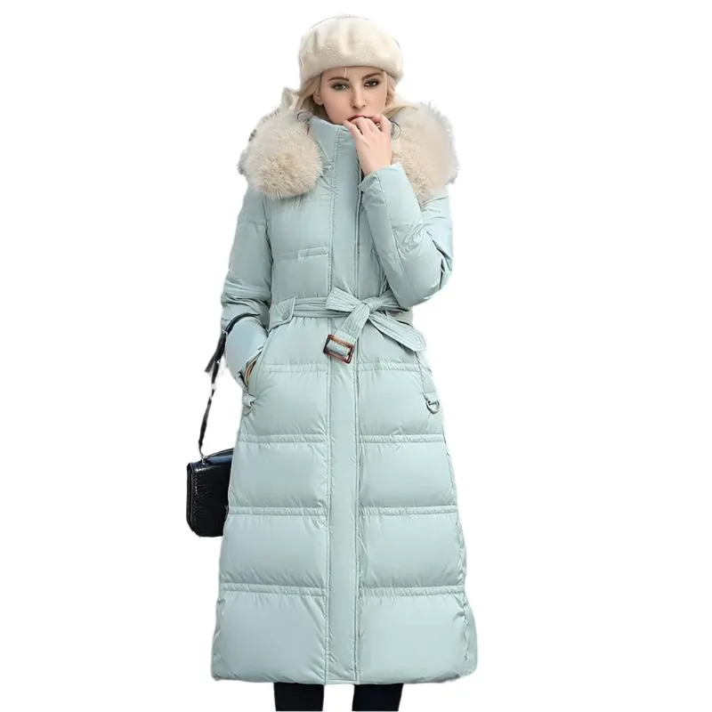 Long Slim Fit Fur Hooded Women's Warm Winter Jacket With Adjustable Belt