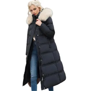 Long Slim Fit Fur Hooded Women's Warm Winter Jacket With Adjustable Belt