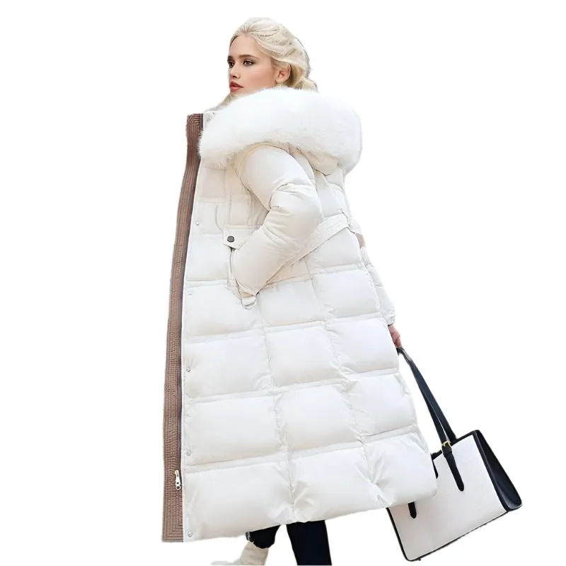 Long Slim Fit Fur Hooded Women's Warm Winter Jacket With Adjustable Belt