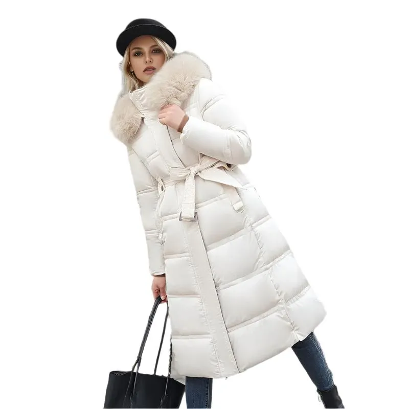 Long Slim Fit Fur Hooded Women's Warm Winter Jacket With Adjustable Belt