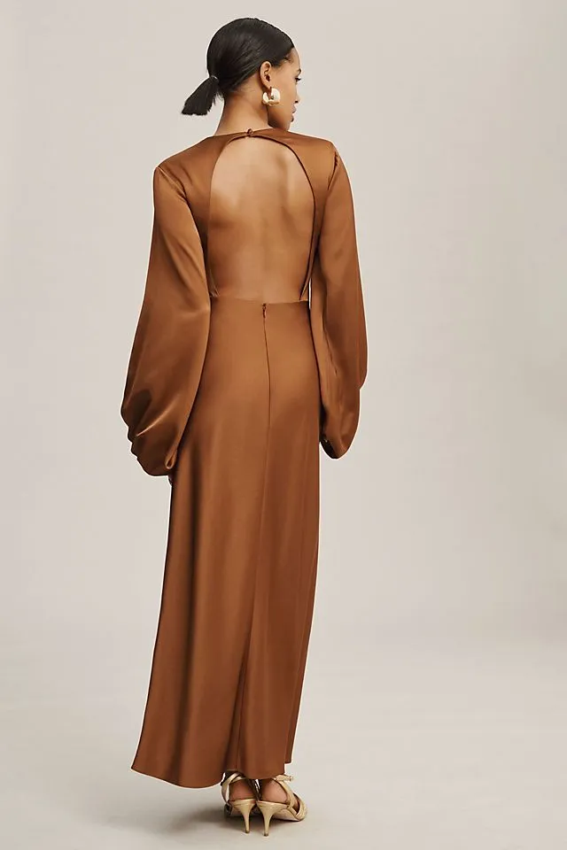 Meaningful Different Backless Long Sleeve Column Dress Caramel