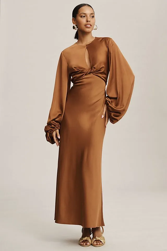 Meaningful Different Backless Long Sleeve Column Dress Caramel