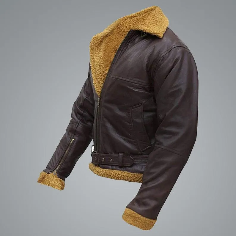 Men's B3 Flying Aviator Winter Brown Sheepskin Shearling Bomber Leather Jacket