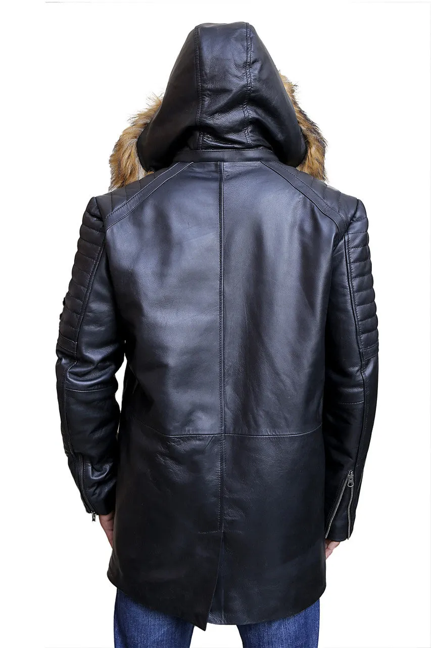 Men's Leather Parka Jacket Black